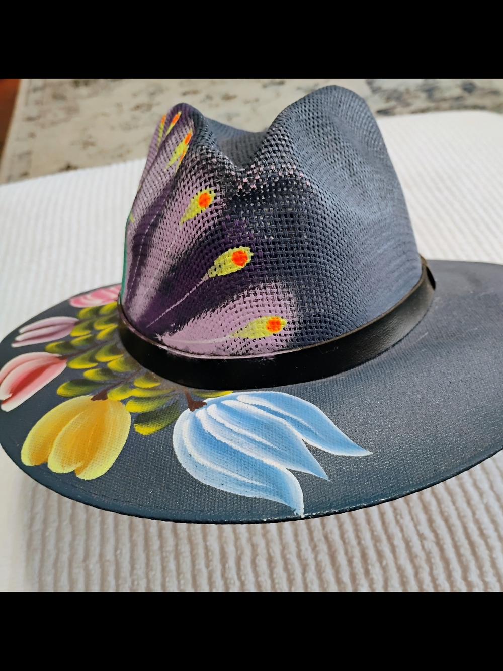 Hand Painted Fedora Hat Floral Art Boho Western Festival Statement Accessory - Picture 8 of 12